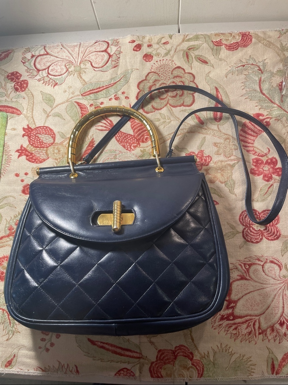 Bellido by Susan Gail Navy Quilted Satchel Gold Metal Notched Handle Hardware